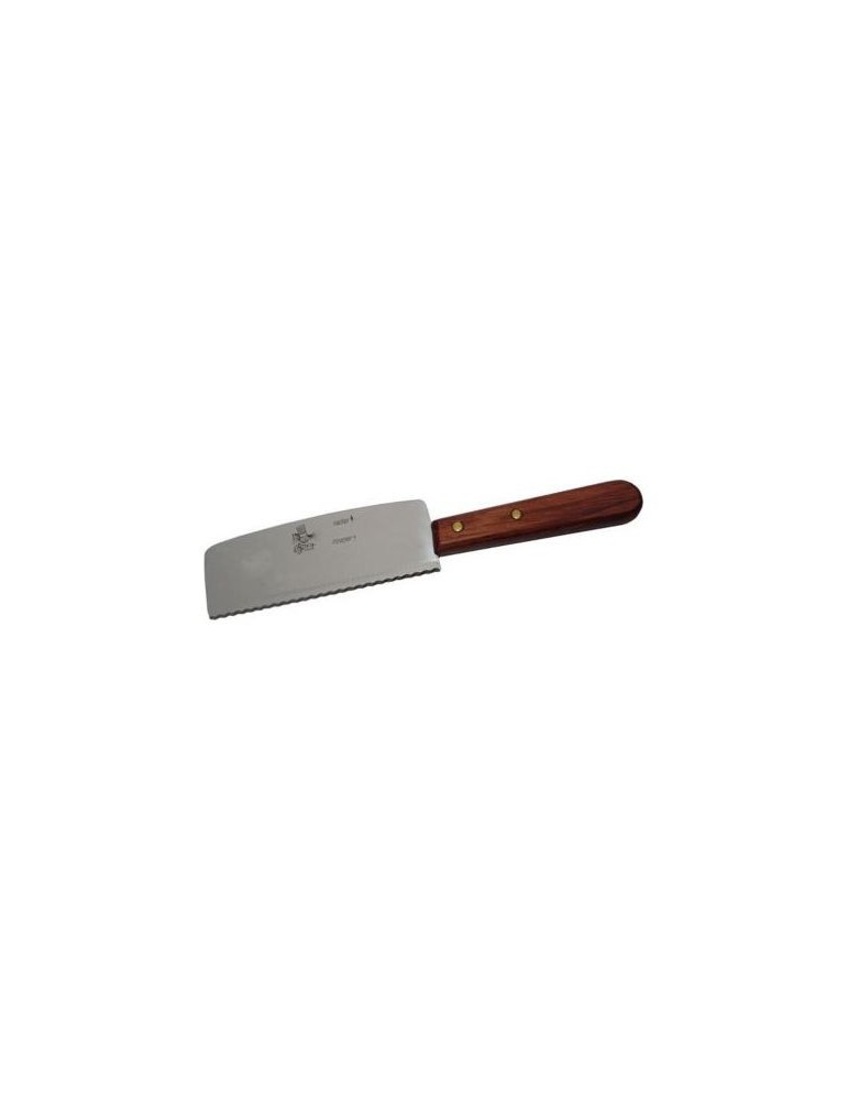Couteau religieuse à raclette avec manche en bois foncé.
